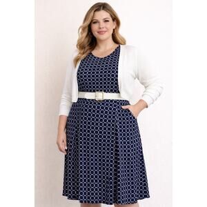NorthStyle Womens 2X Navy White Circle Print Sleeveless Dress